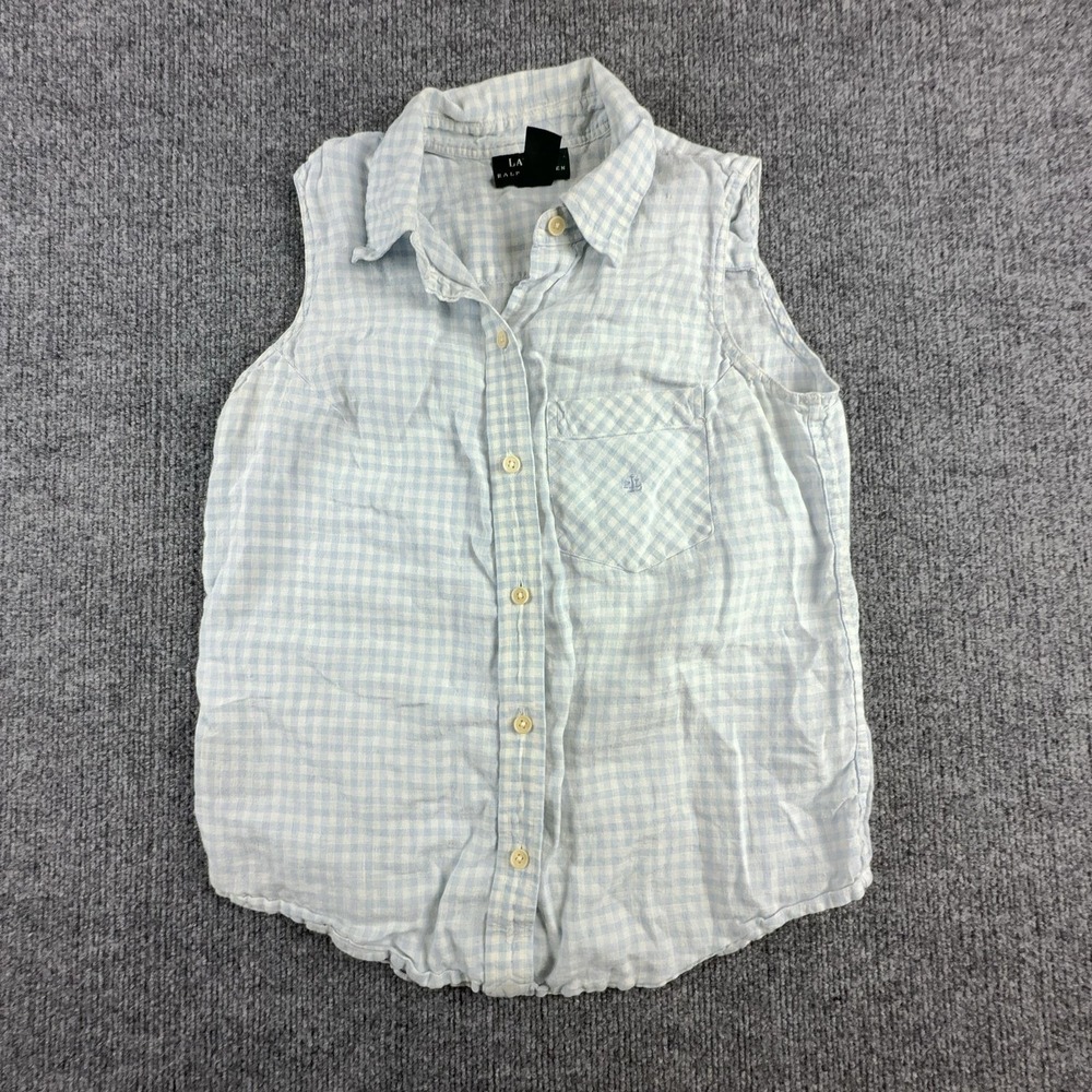 Lauren Ralph Lauren Shirt‎ Womens 4 Blue Gingham Linen Sleeveless Button Up